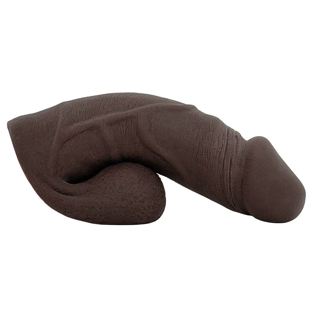 Freeform Medium 5 inch silicone soft  ftm packer, in chocolate color from the side, sitting on the balls as a base
