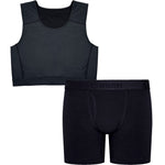 FTM essentials duo set with black compression top from front, and black 6" Top loading boxer from front