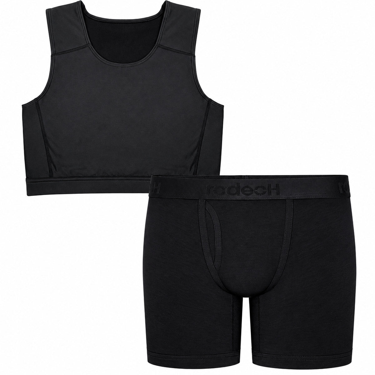 RodeoH FTM Essential Duo: black compression top and 6 inch Shift packing boxer set