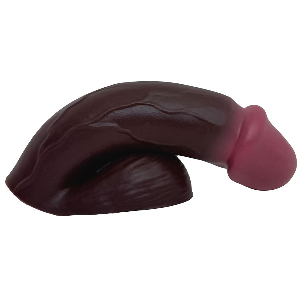 CHOCOLATE SILICONE VECTOR 5 INCH FTM SILICONE PACKER, FROM THE SIDE IN THE PACKED FLACCID POSITION, FLAT ON ITS BASE