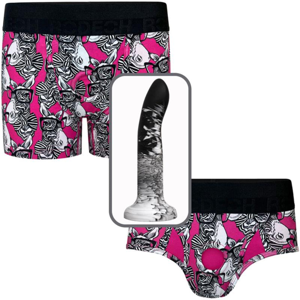 Free Rory Flurry silicone dildo with the two zebra harness options for package deal