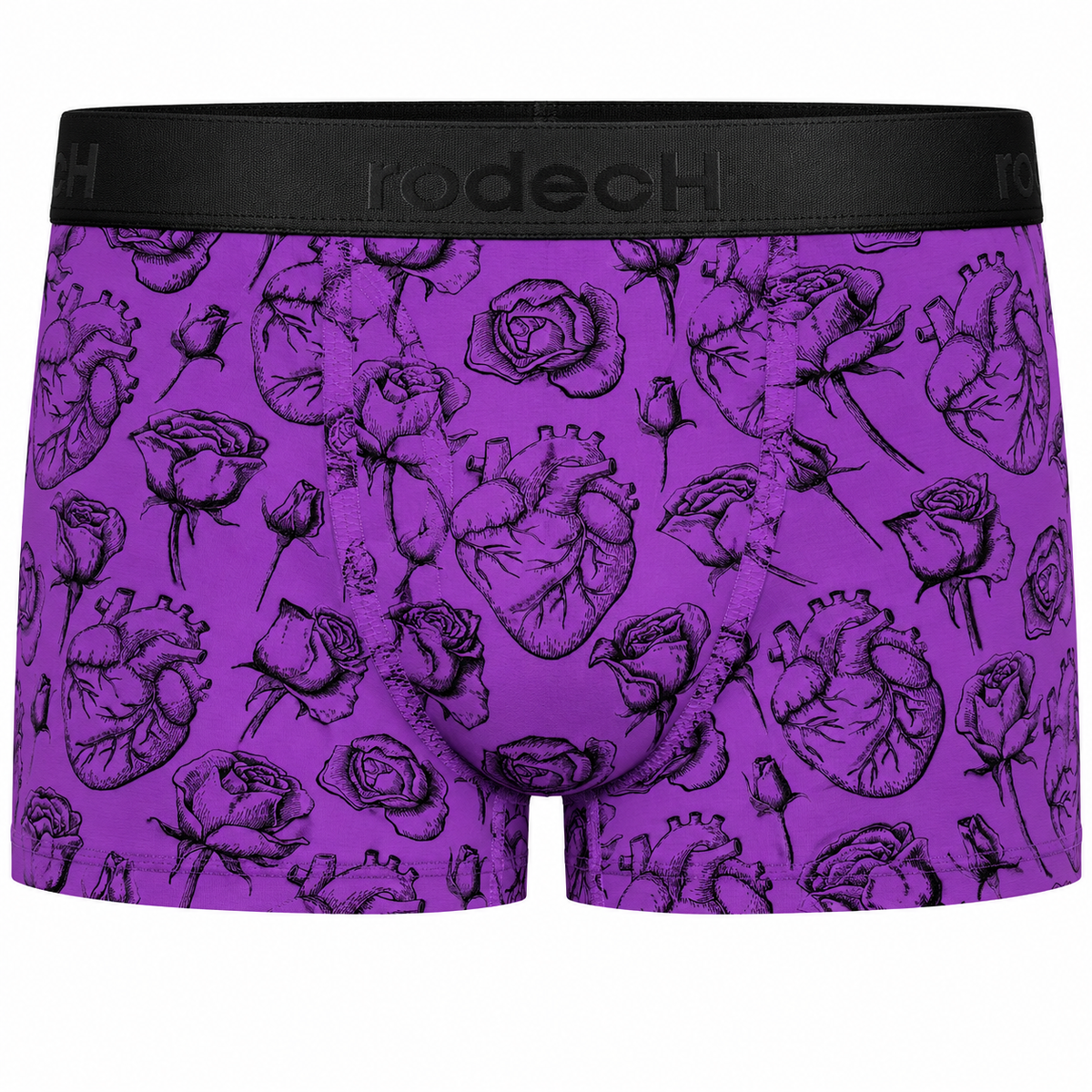 RodeoH Shift Short gender-neutral underwear in Hearts & Roses purple print, from the front