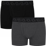 Two pairs of boxer briefs shown on a plain white background: one black pair and one dark gray pair, both with a wide elastic waistband featuring a repeating circular logo pattern.