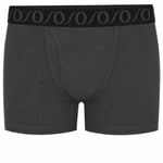 Dark gray boxer briefs with a black elastic waistband featuring a repeating gray wave pattern.