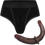 RodeoH High cut panty harness in black flat from the front with chocolate color option of double trouble realistic dildo from the side