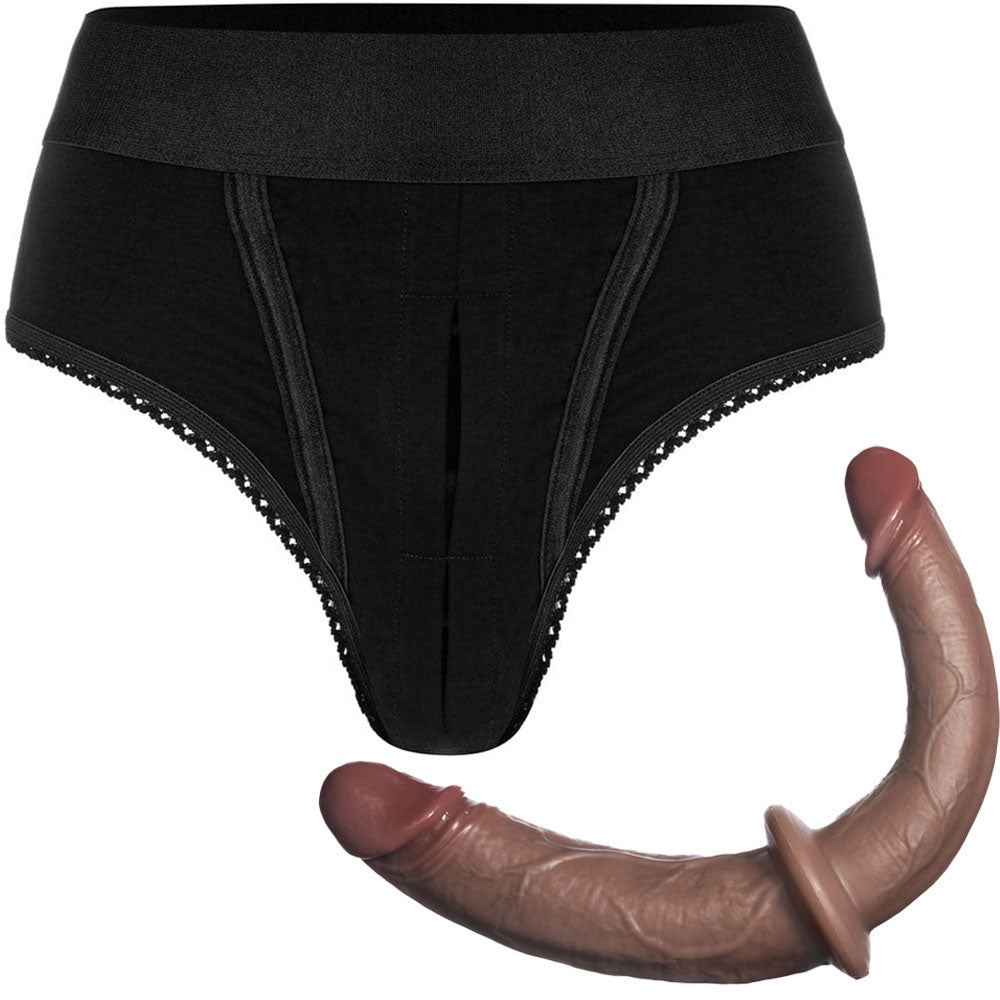 RodeoH High cut panty harness in black flat from the front with mocha color option of double trouble realistic dildo from the side