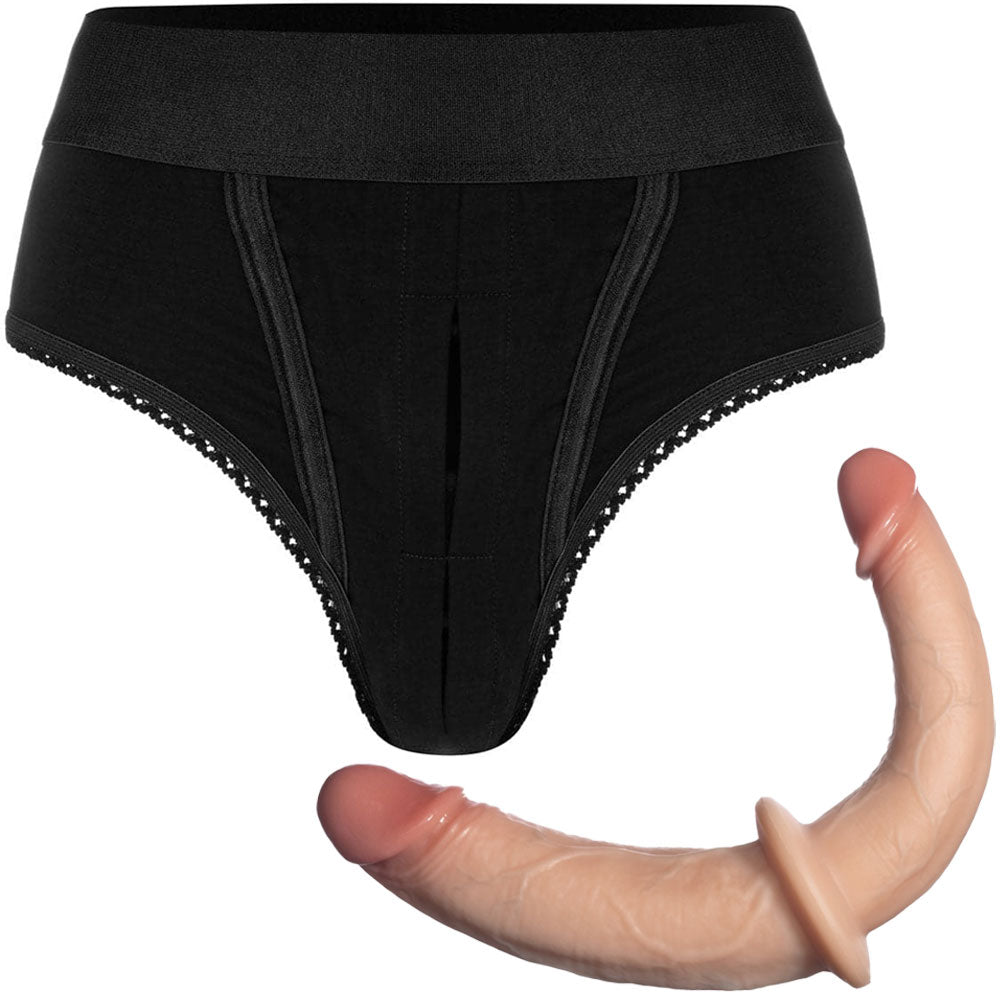 RodeoH High cut panty harness in black flat from the front with vanilla color option of double trouble realistic dildo from the side