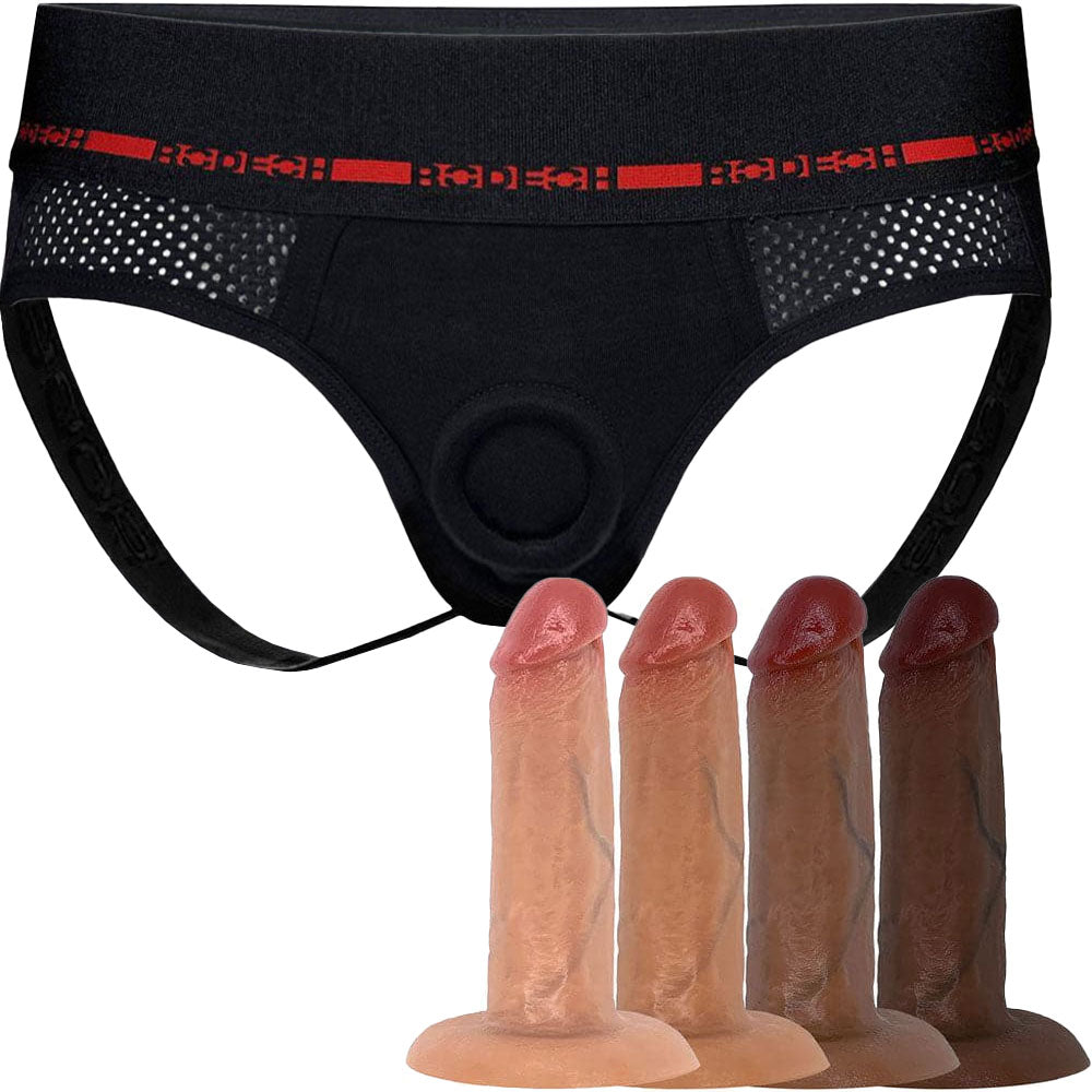 Jock Harness and 5.5" SoReal Posable Silicone Dual Density Dildo - PACKAGE DEAL