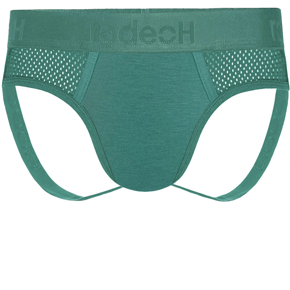RodeoH side loading Jock packing underwear in Pacific Teal from the front