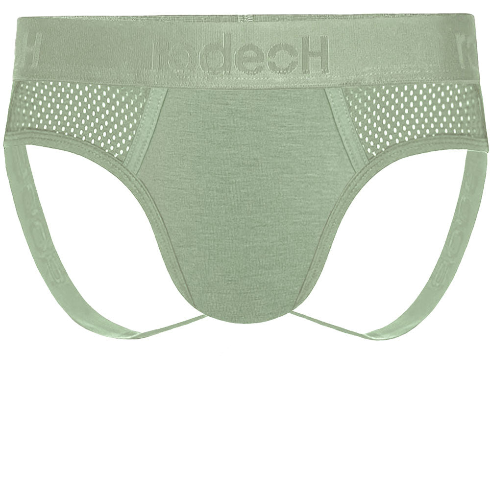 RodeoH side loading Jock packing underwear in sage green from the front