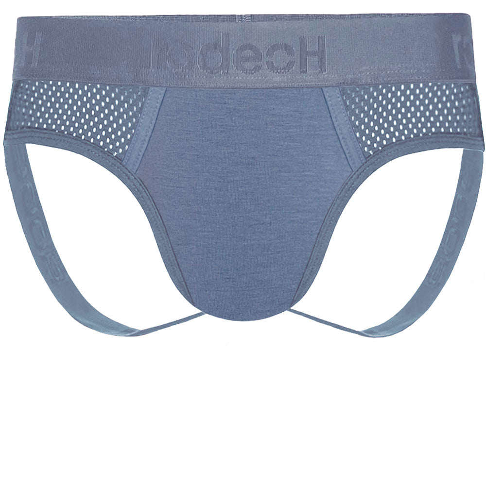RodeoH side loading Jock packing underwear in slate blue form the front
