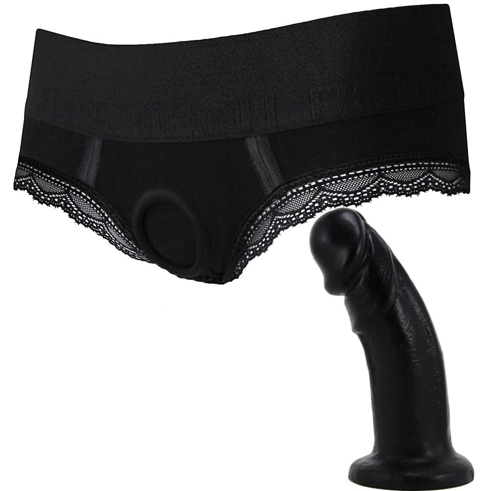 2.0 Panty Harness & Large Bent Dildo - Black - PACKAGE DEAL