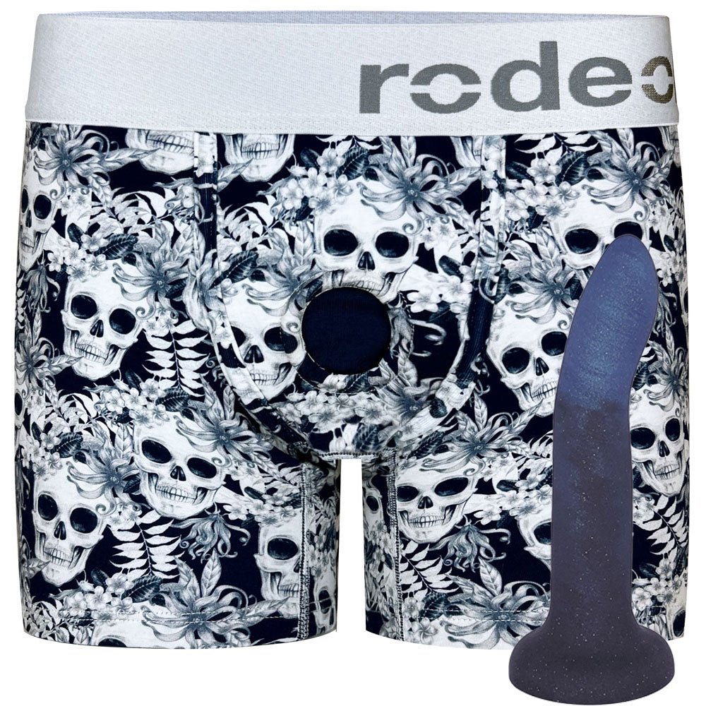 Rory indigo smoke dildo with classic boxer options of midnight skulls harnesses from the front