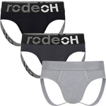 RodeoH Shift Jock cotton underwear 3 pack with interior side opening pouch in light gray, black and solid gray, from the front and stacked on each other