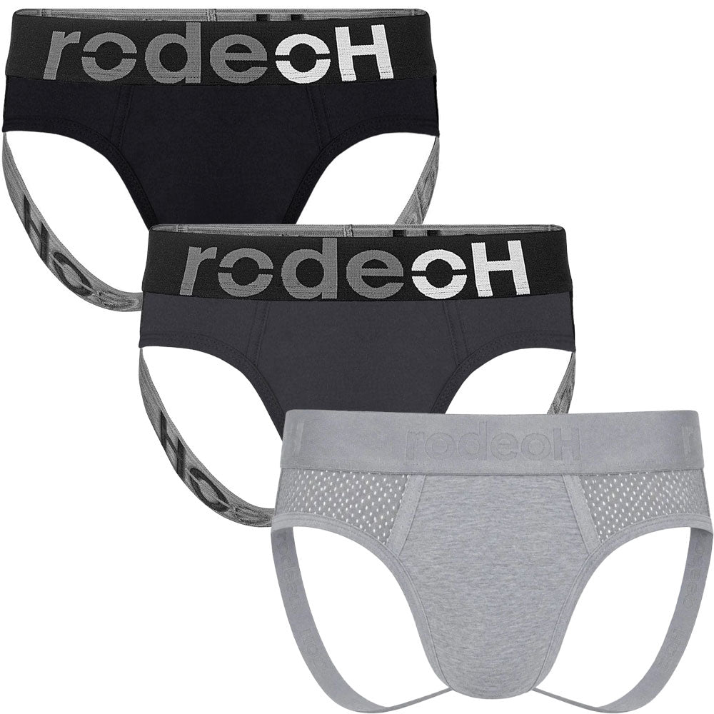 RodeoH Shift Jock cotton underwear 3 pack with interior side opening pouch in light gray, black and solid gray, from the front and stacked on each other