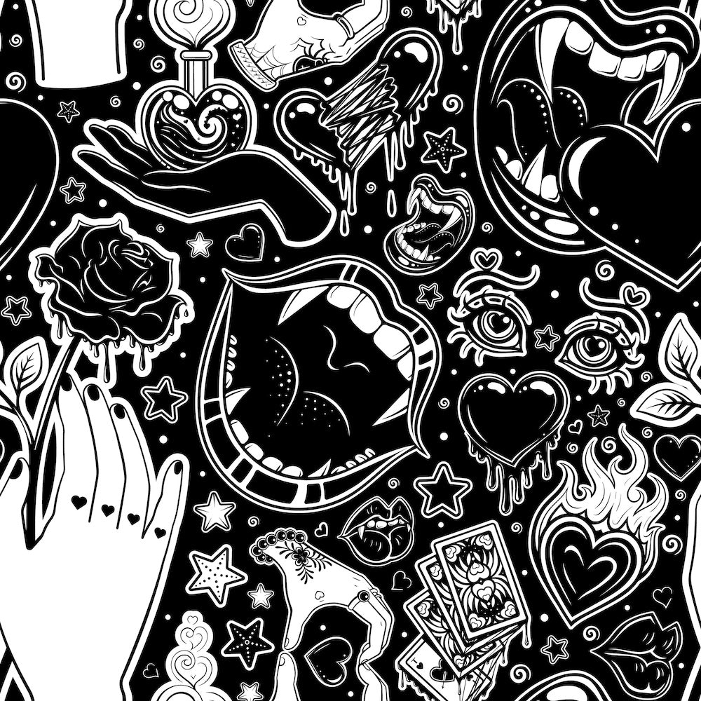 mystic print black and white hands hearts roses lips with fangs