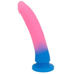 Nexus Grande Dildo in Melon Glitter, pink and blue flat on it's suction base from the side