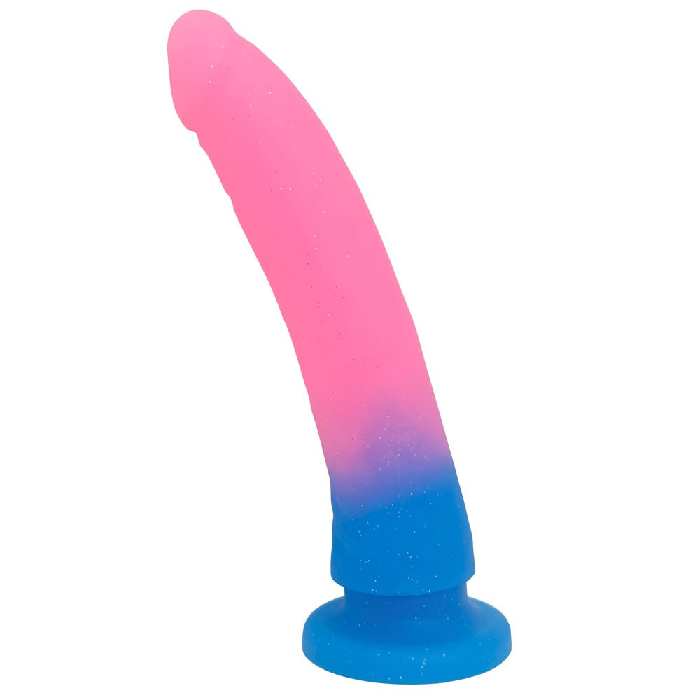 Nexus Grande Dildo in Melon Glitter, pink and blue flat on it's suction base from the side