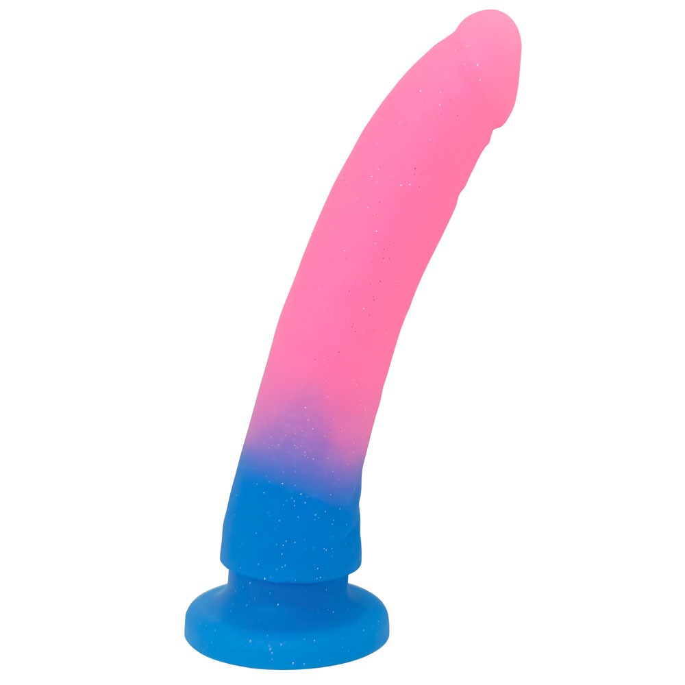 Nexus Grande Dildo in Melon Glitter, pink and blue flat on it's suction base from the side