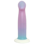 An inflatable silicone dildo with a gradient color scheme transitioning from lavender purple to light blue, resting on a white suction cup base against a plain white background.