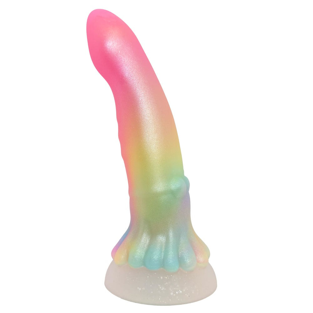 Nexus Silicone fantasy squid dildo in rainbow shimmer flat on its suction base from the side
