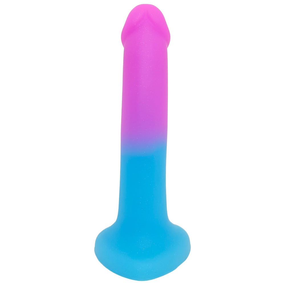 Nexus Silicone Blue raspberry ombre dildo with heart shaped suction base, flat on the base from the back