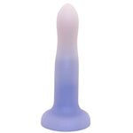 A curved silicone adult novelty product with a glittery finish, featuring a smooth color gradient from pale pink at the top to light purple at the base, isolated on a white background.