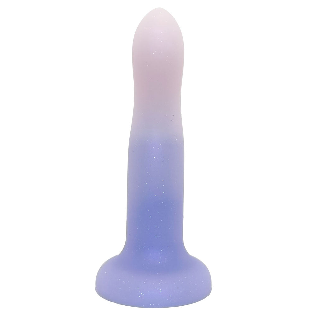 A curved silicone adult novelty product with a glittery finish, featuring a smooth color gradient from pale pink at the top to light purple at the base, isolated on a white background.