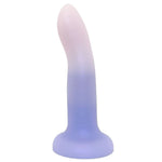 A curved silicone adult novelty product with a glittery finish, featuring a smooth color gradient from pale pink at the top to light purple at the base, isolated on a white background.