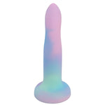 Nexus Rory 6 silicone dildo in pastel whimsy color swirl, on its suction cup base, from the front