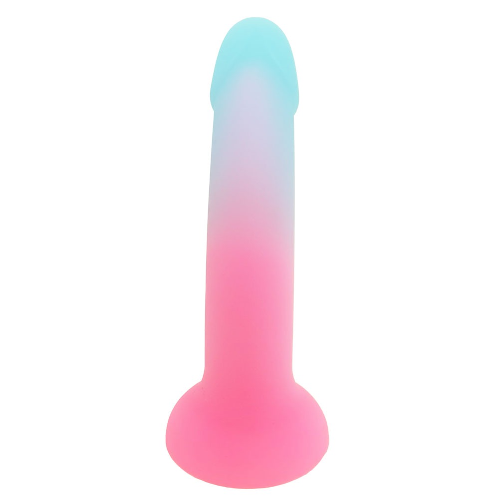 Nexus Sol Sweet tart pink and blue silicone dildo, flat on its  suction base, from the back