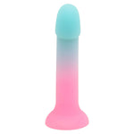 Nexus Sol Sweet tart pink and blue silicone dildo, flat on its  suction base, from the front