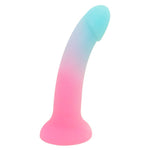 Nexus Sol Sweet tart pink and blue silicone dildo, flat on its  suction base, from the side
