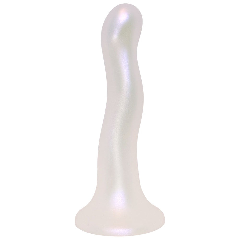 Nexus Sway silicone pearlescent wavy dildo, flat on it suction base, from the side