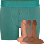 Rodeoh Pacific Teal green button fly boxer harness from the front shown with vanilla, caramel and dark caramel flex dildo included in package deal