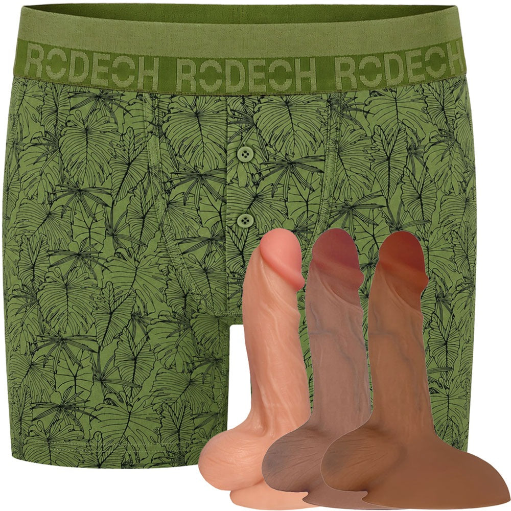 Rodeoh verdant leave green printed button fly boxer harness from the front shown with vanilla, caramel and dark caramel flex dildo included in package deal