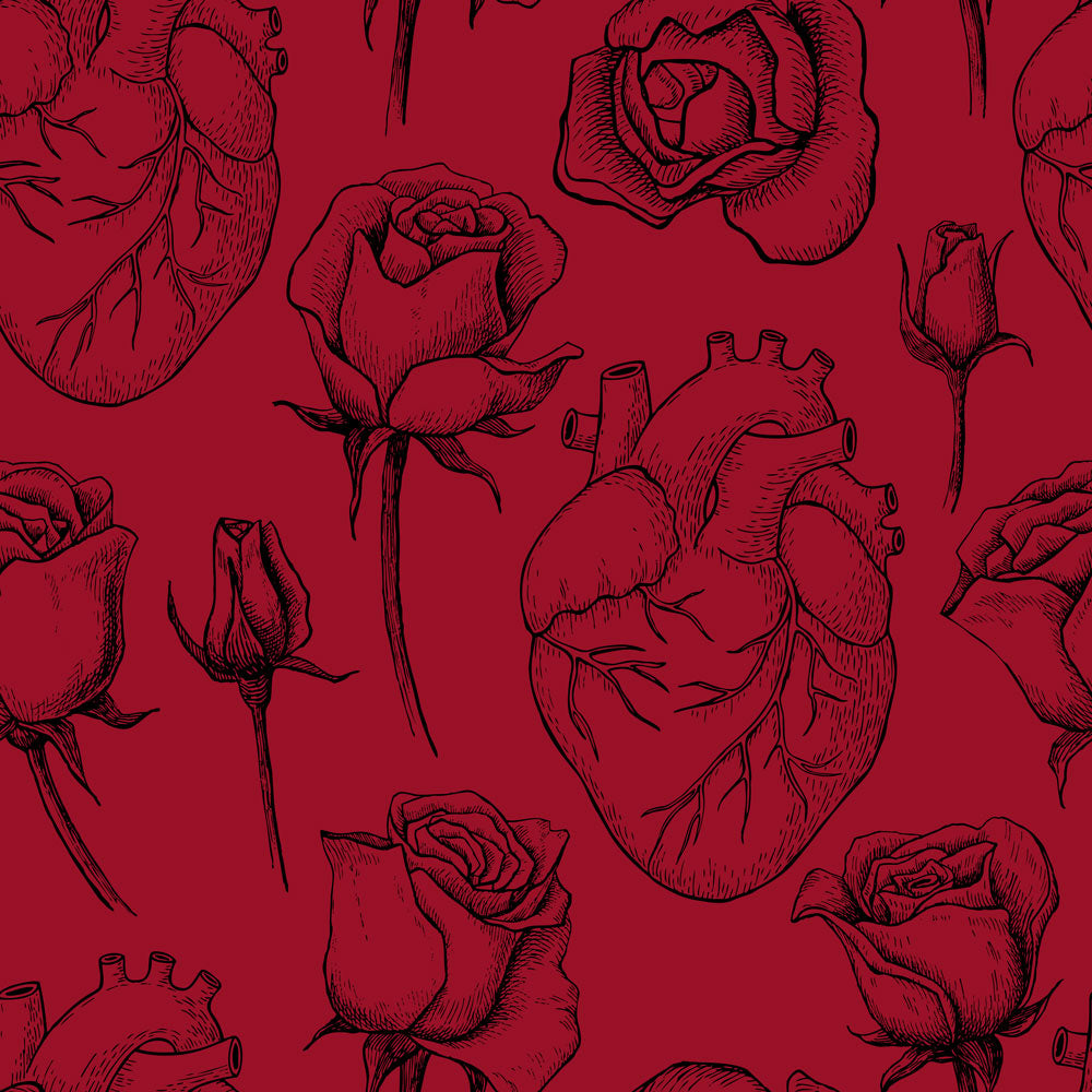 rodeoh pattern black roses and hearts on red background