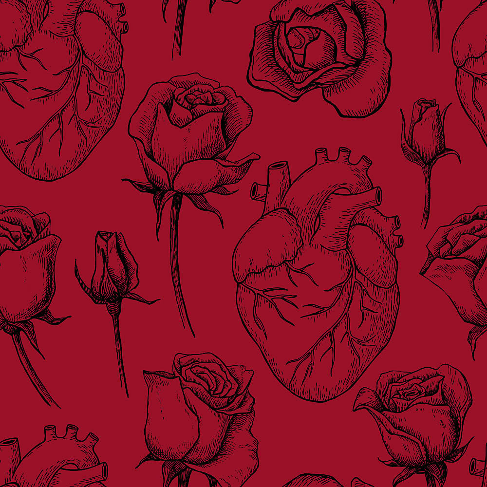 anatomical hearts and roses on red background