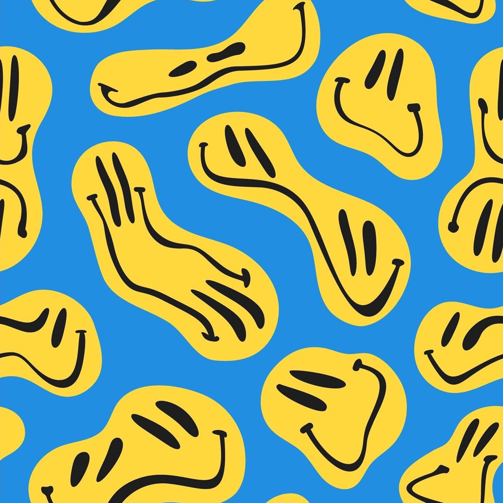 rodeoh fabric pattern blue background with yellow smiley faces
