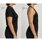 Side-by-side comparison of a model wearing a black short-sleeve T-shirt labeled 'REGULAR T-SHIRT' and a black sleeveless compression tank labeled 'RAZOR COMPRESSION TANK' against a light gray background.