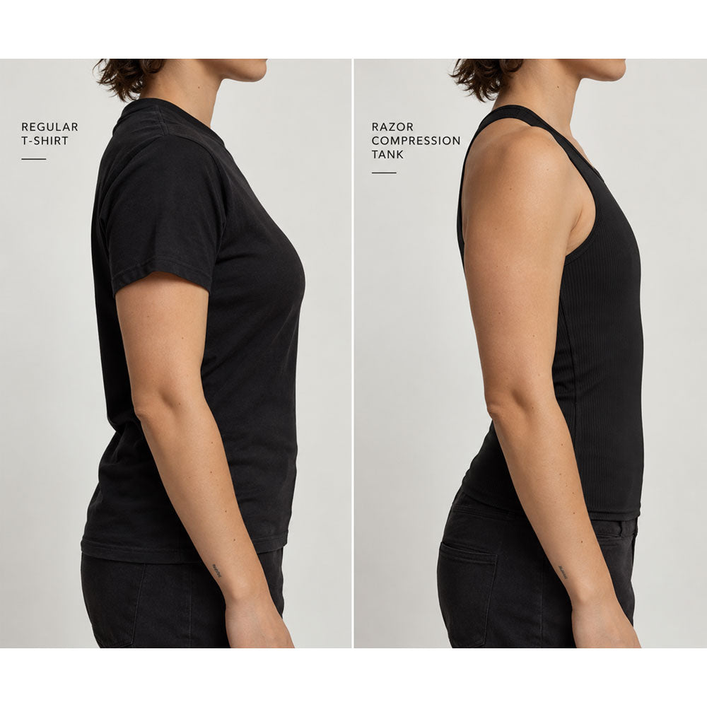 Side-by-side comparison of a model wearing a black short-sleeve T-shirt labeled 'REGULAR T-SHIRT' and a black sleeveless compression tank labeled 'RAZOR COMPRESSION TANK' against a light gray background.