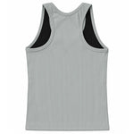 The back of a light gray ribbed compression tank top in light gray ribbed fabric