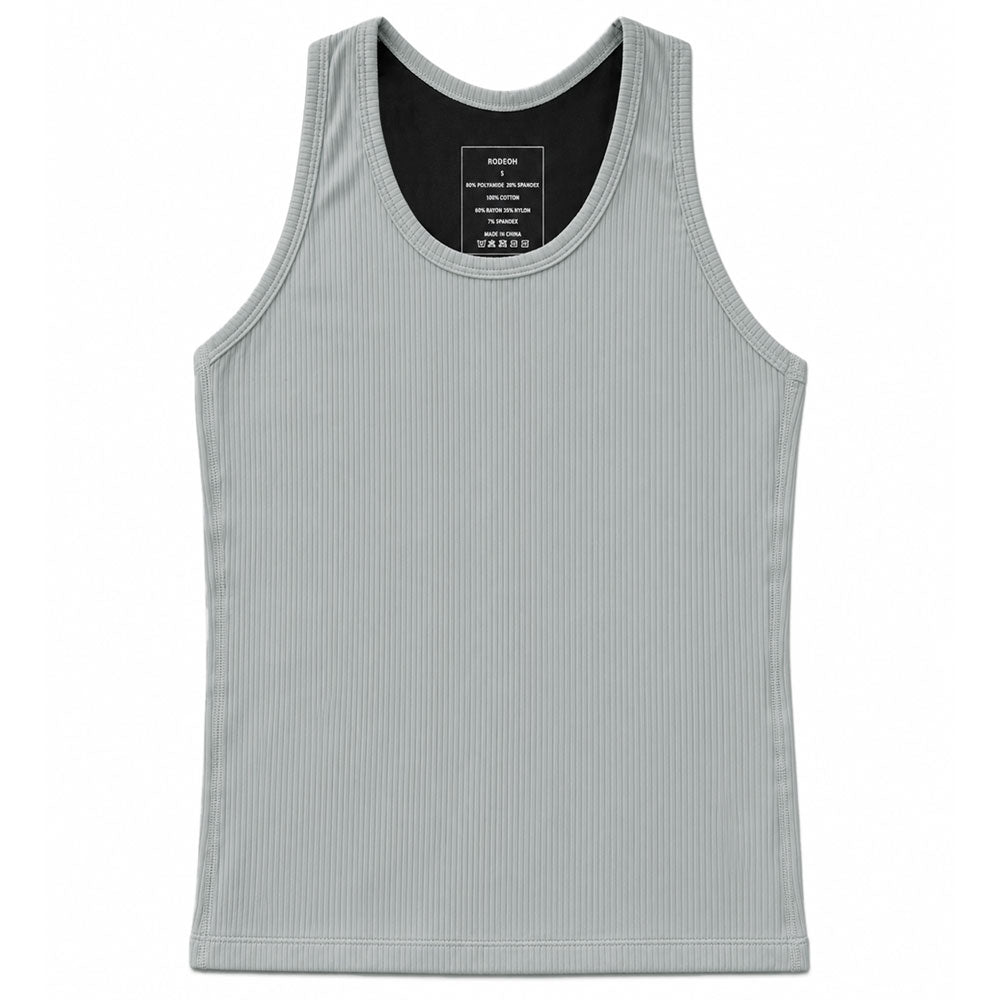 A light gray ribbed compression tank top in light gray ribbed fabric