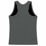 A dark gray ribbed compression tank top shown from the back, featuring  racerback straps, set against a plain white background.