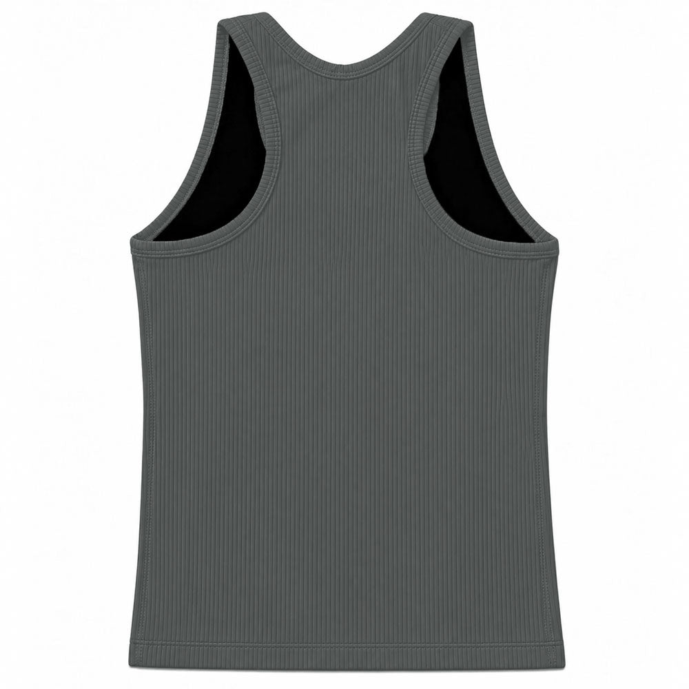 A dark gray ribbed compression tank top shown from the back, featuring  racerback straps, set against a plain white background.
