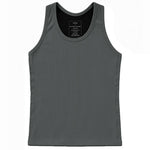 A dark gray ribbed compression tank top, displayed flat against a white background.