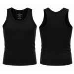 A black ribbed compression tank top shown from both the front and back views on a plain white background.