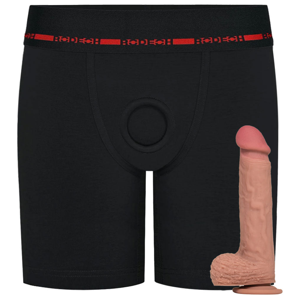 RodeoH Rise Extended Leg boxer harness from the front with all Tan color of Royal Realistic Silicone dildo, from the side, on it's suction cup base