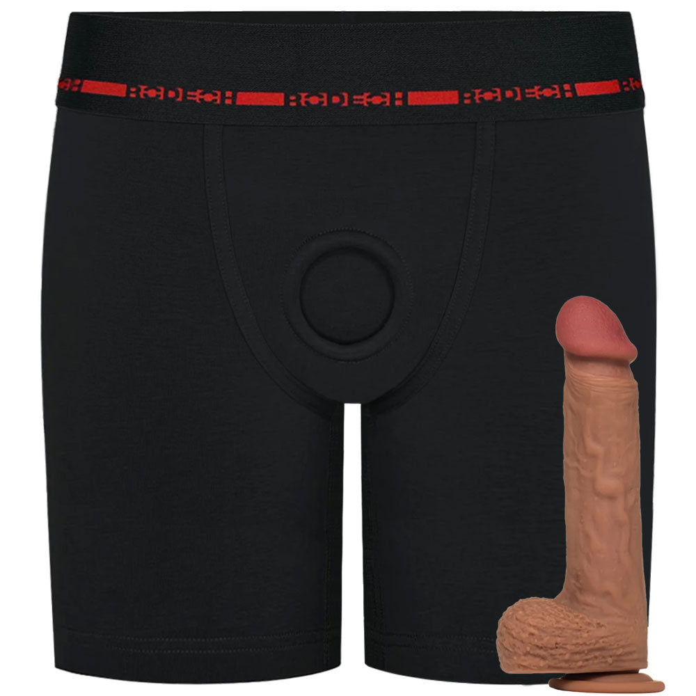 RodeoH Rise Extended Leg boxer harness from the front with Cocoa color of Royal Realistic Silicone dildo, from the side, on it's suction cup base