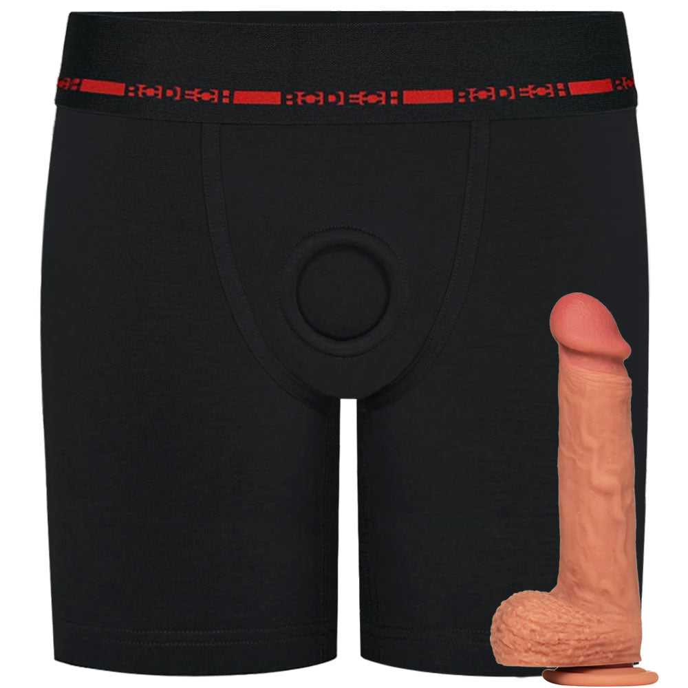 RodeoH Rise Extended Leg boxer harness from the front with Warm Tan color of Royal Realistic Silicone dildo, from the side, on it's suction cup base